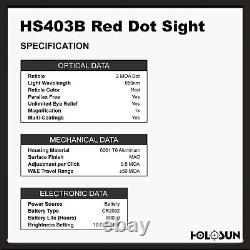 HOLOSUN HS403B Red Dot Sight, 2MOA Dot, Shake Awake Technology Used