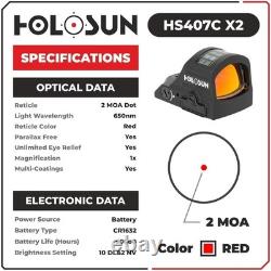 Holosun HS407C X2 2 MOA Red Dot Open Reflex Sight, Free Shipping