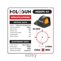 Holosun HS507C-X2 MultiReticle Red 2 MOA Dot Solar Reflex Sight Concealed Carry