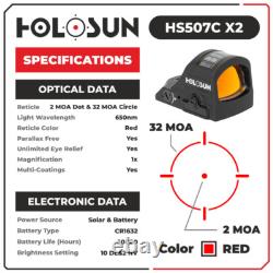 Holosun HS507C-X2 MultiReticle Red 2 MOA Dot Solar Reflex Sight Concealed Carry