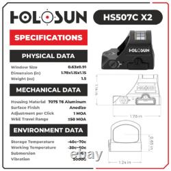 Holosun HS507C-X2 MultiReticle Red 2 MOA Dot Solar Reflex Sight Concealed Carry