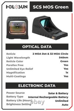 Holosun SCS MOS Green Multi-Reticle 2MOA&32MOA Circle Dot Reflex Sight SCS-M-GR