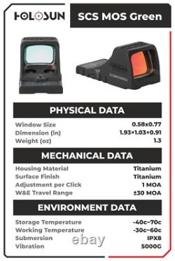 Holosun SCS MOS Green Multi-Reticle 2MOA&32MOA Circle Dot Reflex Sight SCS-M-GR