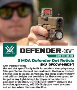 Vortex Optics Defender-CCW 3 MOA Micro Red Dot Tan with Patriot Sky Badge Camo Cap